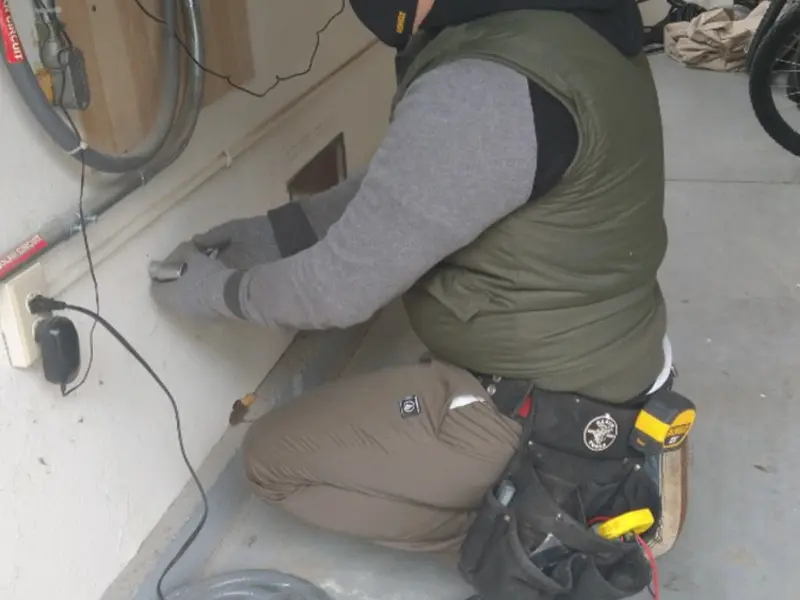 Electrician performing outlet wiring in a Chester garage